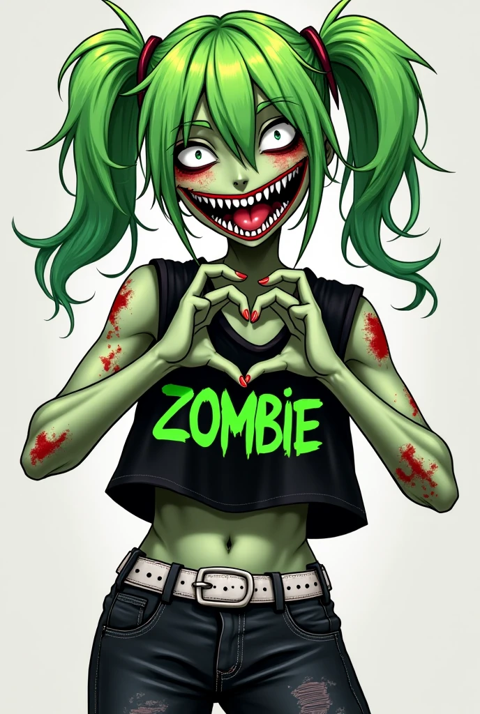 masterpiece, best quality, 1girl, beautiful face,
(GlowingNightmare:1), glowing, Nara_AFK, solo, 1girl, grey skin, long white hair, torn clothes, black crop top, jacket, belt, shorts, glowing green, zombie, skull, dynamic pose,
<lora:Nightmare_Nara:0.9>,