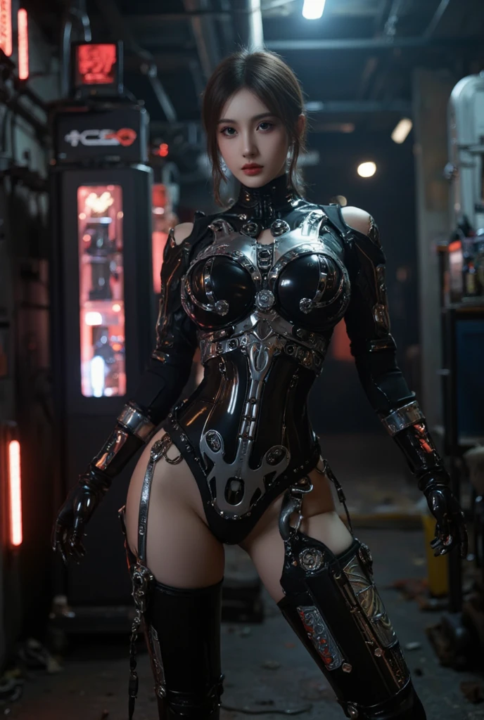 ((masterpiece, Highest quality, Best image quality, High resolution, Realistic, RAW Photos, 8K)), cyborg, Her body is covered in gears and a black metal frame.. White Background, Empty Lab, Dilapidated city,Full Body Shot、Low angle shot