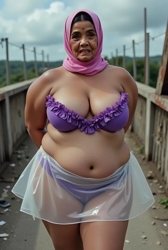 Iranian woman, aged 45, chubby, toned midriff, big butt, thick thighs, enormous saggy bust staying close to her body, dressed in translucent veils and golden chains with bells. Barefoot. She is looking back over her shoulder seductively. She is on a busy sidewalk.