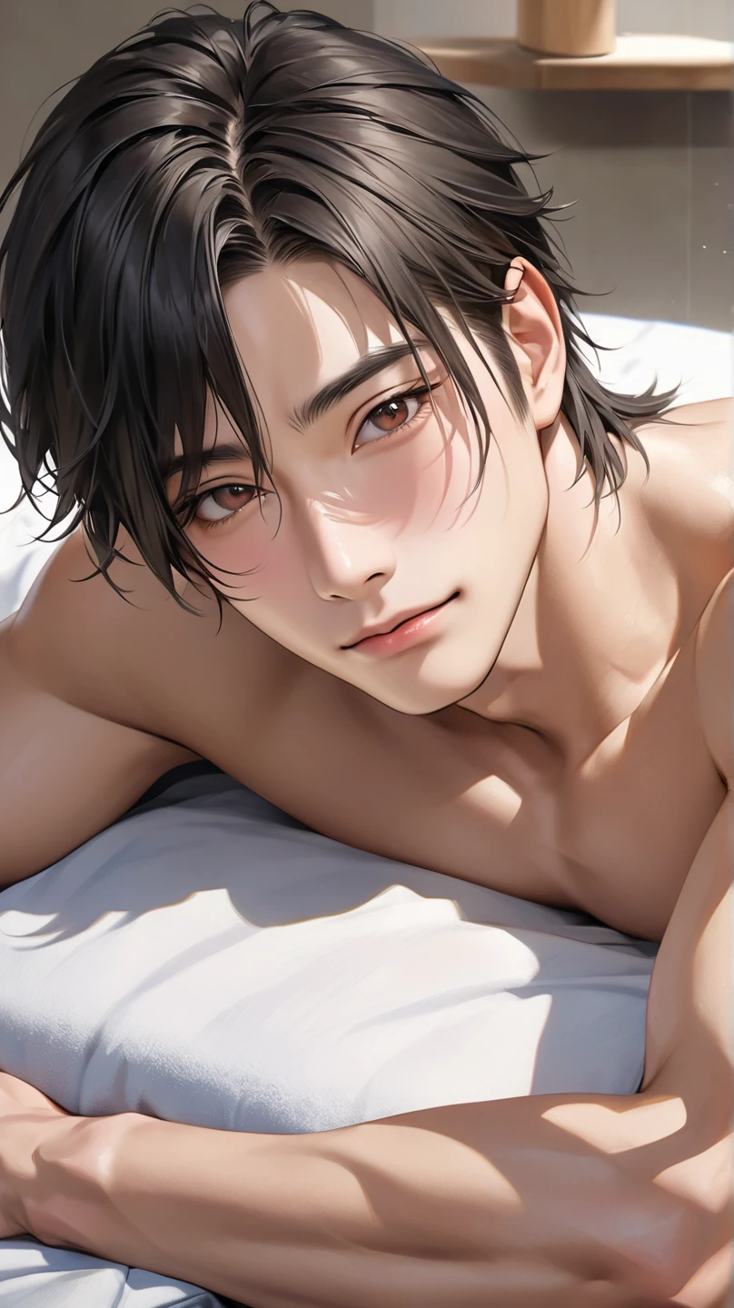 high quality, detailed, Realistic,(2boys:1.5), ( tanned japanese idol boys), (detailed black eyes), (black short hair), (abs), (tanned dark brown skin), night palace bedroom, (black tiny thong), (bulge), (detailed nipples), detailed areola,best quality,4k,8k,highres,masterpiece:1.2),ultra-detailed,(realistic,photorealistic,photo-realistic:1.37), looking at viewer,smirk,laying,face close up, --no watch,