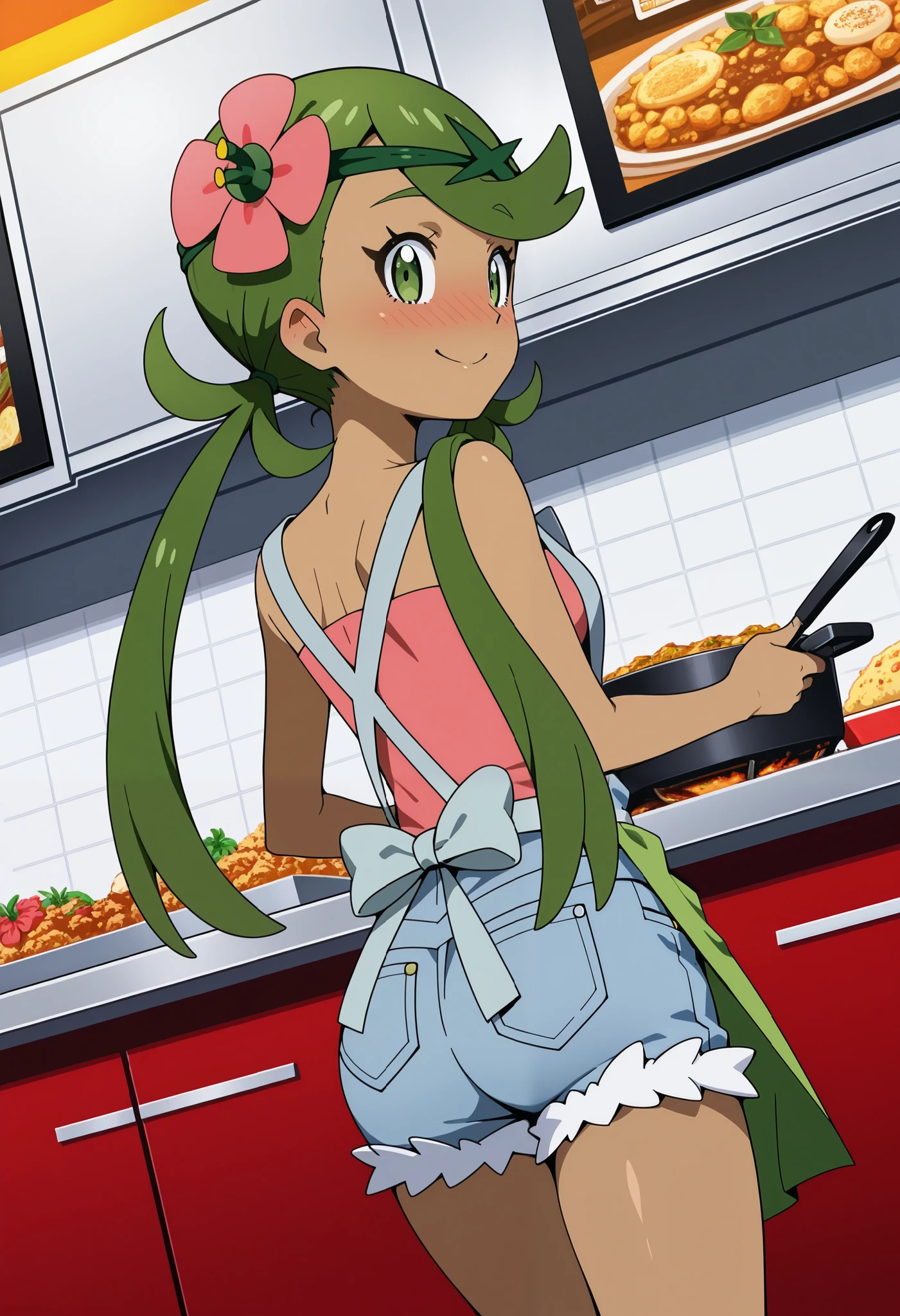 score_9, score_8_up, score_7_up, source_anime, mallow, 1girl, solo, long hair, bangs, hair ornament, twintails, green eyes, flower, green hair, hair flower, dark skin, dark-skinned female, swept bangs, mallow (pokemon),smile, looking back, nose blush, blush, collarbone, sleeveless, pink shirt, denim overall, apron, thighs, indoor, restaurants, kitchen , food, cooking, back,behind, Shows ass. Dutch angle