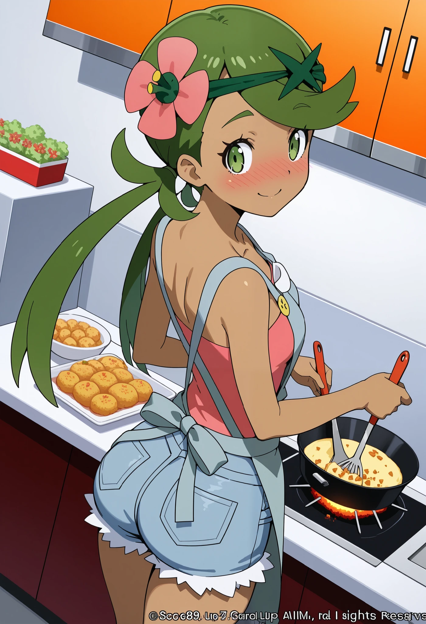 score_9, score_8_up, score_7_up, source_anime, mallow, 1girl, solo, long hair, bangs, hair ornament, twintails, green eyes, flower, green hair, hair flower, dark skin, dark-skinned female, swept bangs, mallow (pokemon),smile, looking back, nose blush, blush, collarbone, sleeveless, pink shirt, denim overall, apron, thighs, indoor, restaurants, kitchen , food, cooking, back,behind, Shows ass. Dutch angle