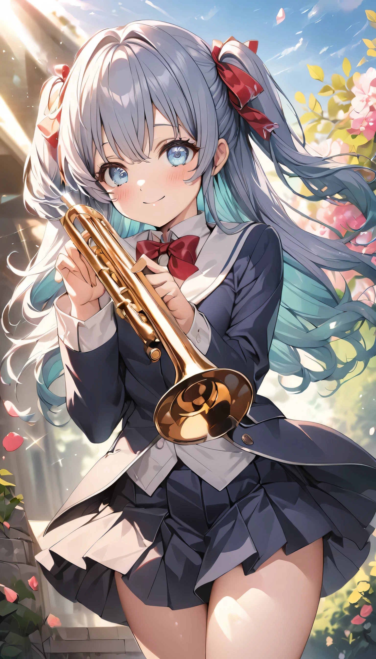 ((ultra-detailed)), (highly detailed CG illustration), (best quality:1.2), ultra-highly detailed, colorful composition, artistic photoshoot, 1girl, solo focus, ((thigh to top:1.4)), ((cowboy shot:1.4)), moe anime character, age girl, dainty facial structure, (baby face), (round face), ((rounded chin:1.2)), ((ideal ratio body proportions)), celia-default, celia claire, (blue eyes), sparkle eyes, ((navy blue hair color:1.4)), two side up, (hair ribbon with red), ((play the trumpet:1.4)), ((blow the trumpet:1.4)), ((trumpet that shines reflecting the sunlight:1.4)), ample breasts, school uniform, black blazer, modern style with fitted jacket, red neck bow, long sleeves white frilled shirt, black pleated skirt, and black high socks, from front, expecting, pink cheek, blush, light pink gloss slip, petals glowing and fluttering, best quality, masterpiece, sitting by the victorian garden with flowers, beautiful detailed sky, portrait, depth of field, soft lighting, sidelighting, (shine), lighting, caustics, ray tracing, smile, perfect face, lustrous skin, highly detailed face, highly detailed eyes, perfect face, perfect nose, perfect hair, perfect eyes, perfect anatomy, beautiful hair, beautiful small face, extremely detailed face, beautiful detailed eyes, beautiful clavicle, beautiful body, beautiful ample breasts, leavage, breasts squeezed together, equalize the size of the left and right breasts, beautiful thin thighs, beautiful legs, beautiful fingers, 4 fingers, 1 thumb, lovely, (very detailed background:1.0), (highly detailed background:1.0), spring aesthetic, intricate details, enjoy the performance atmosphere, spring colors palette, chromatic aberration