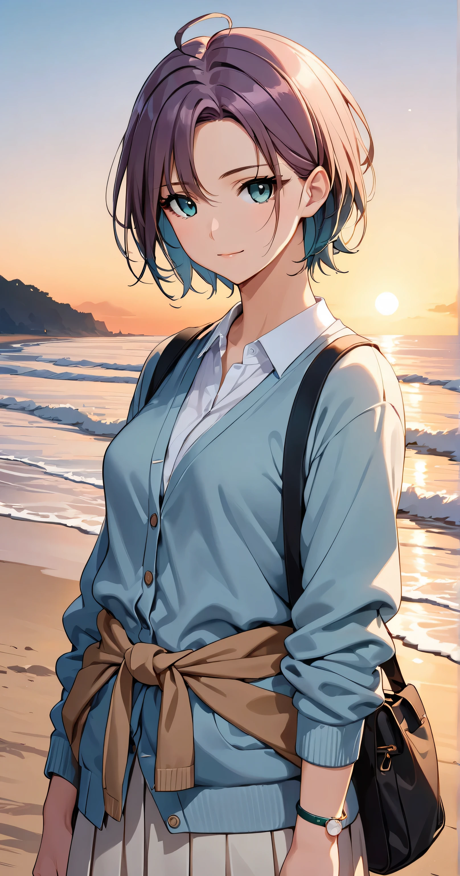 Full-body and front view portrait of a well-balanced proportioned girl, drawn in a 2D anime style in a tight frame
She is tall and has an 8-head body shape. (best quality, masterpiece:1.2), A beautiful girl with a balanced figure, (medium breasts), neat short hair, She is wearing her school uniform and standing on the beach under the setting sun, t_asakura, darkness, 1girl, ahoge, bag, bracelet, (Light blue cardigan：1．3), (cardigan around waist:1.3), (clothes around waist:1.3), light purple hair, light smile, looking at viewer,  multicolored hair, outdoors, parted bangs, school uniform, shirt, solo, white shirt, aqua eyes, very aesthetic, absurdres, sleek and casual hairstyle with soft layers, low hair volume (natural:1.3), side undercut (minimal:1.2), long nape (enhanced:1.2), (Shiny Hair:1.2), glossy hair, beautiful face,