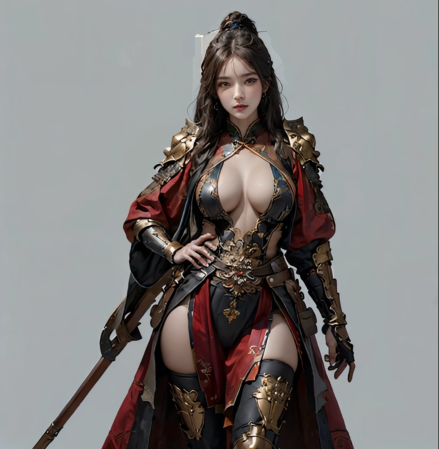 realistic portrait , high resolution, soft light, 1 woman, only, The picture is looking at the thigh.., slim figure, hip up , shiny skin, Big Breasts , showing breasts ..., ( very detailed face), Beautiful Chinese Armor , A hand of detail