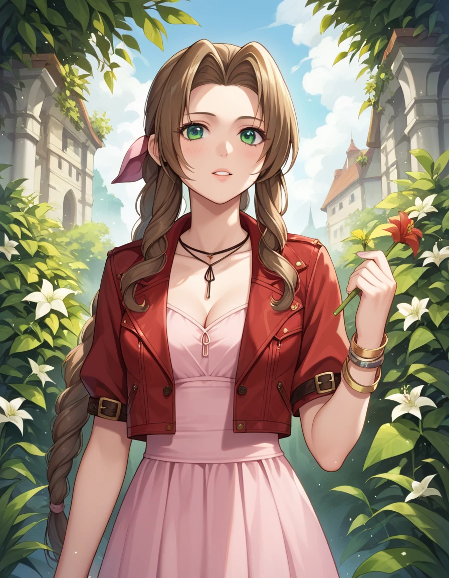 score_9, score_8_up, score_7_up, masterpiece, source_anime, BREAK, 1girl, aerith_gainsborough, final_fantasy, 1girl, brown_hair, green_eyes