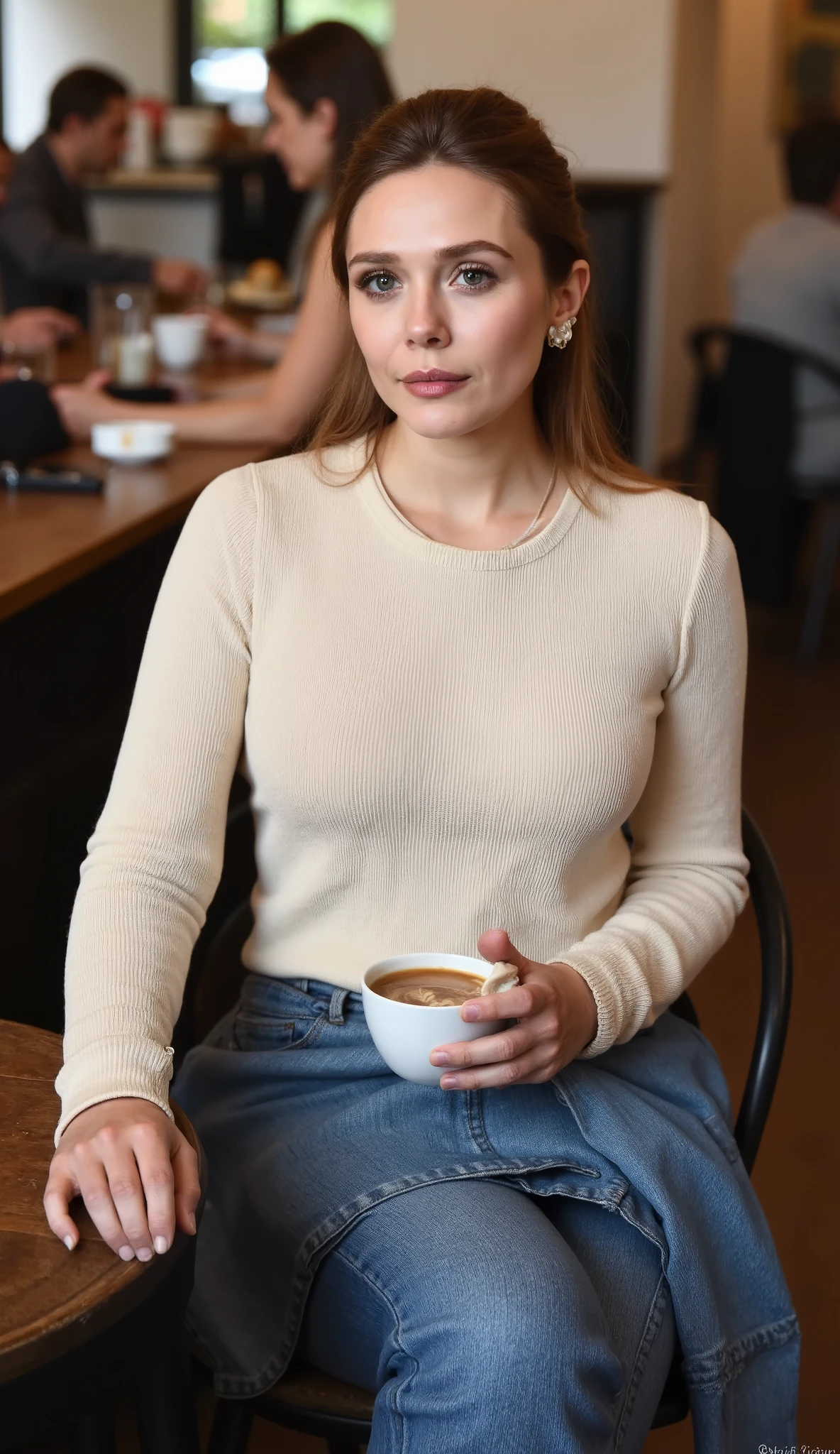 Elizabeth Olsen, wearing cream sweater, jeans pant, carrying a cup of coffee, sitting on black metal chair, there black metal table, in industrial coffee shop terace, big breast, crowded customer background blurry, candid, half body focus.