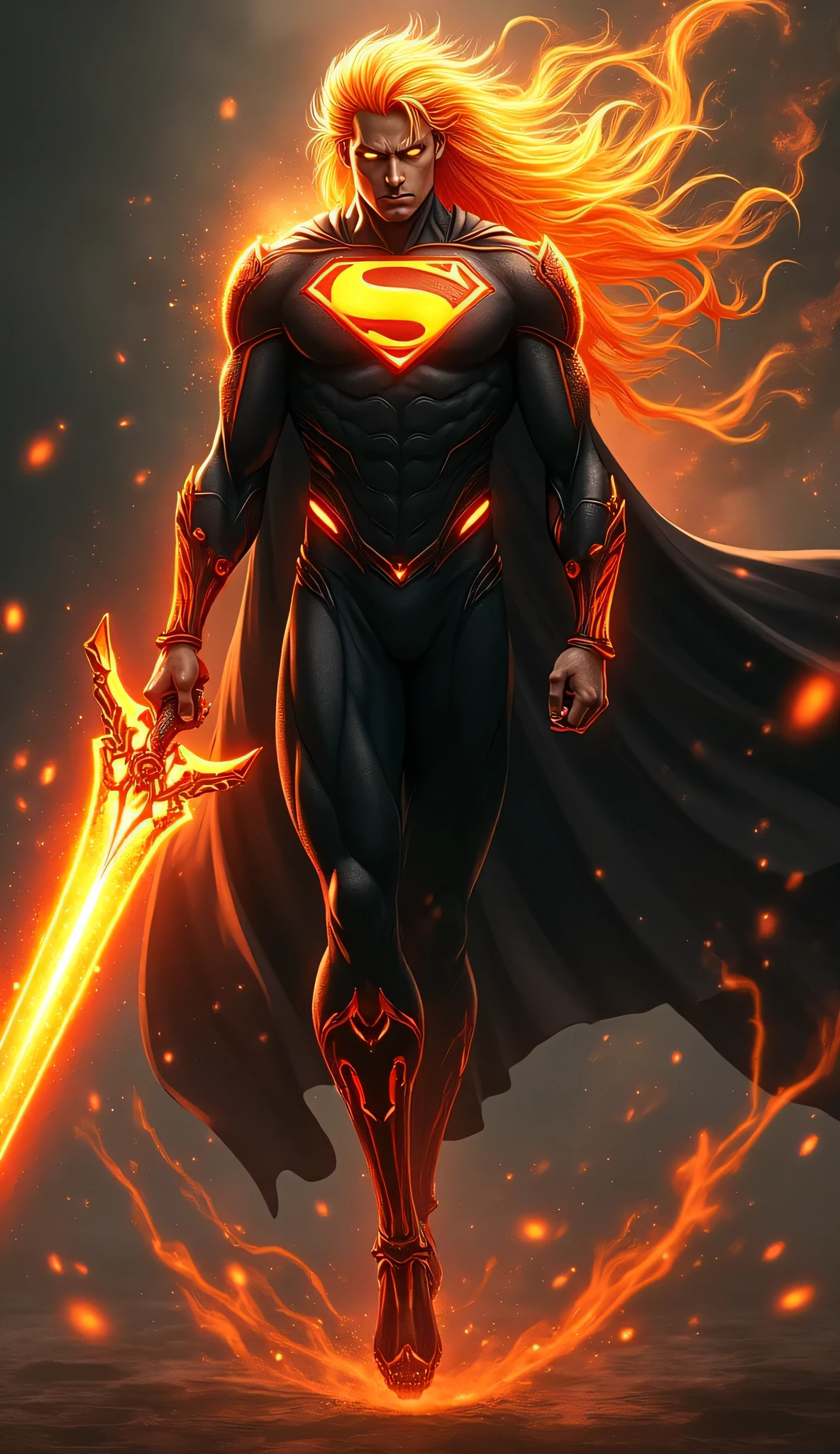 Comic style image where male supervillain dressed in black and with long hair slowly burns into ash