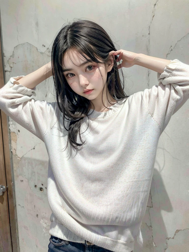 masutepiece、top-quality、hight resolution、Eleonora Pavinato, , The youngest face photo in the room sweter z dużym dekoltemyou can see big Beautiful bust girl black hair bun hair Beautiful firm breasts are a big comb oczami seksowna