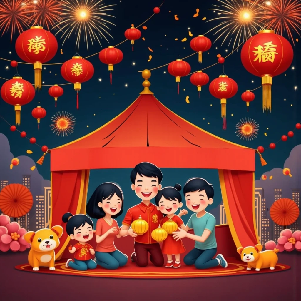 A heartwarming tableau of a cute, humanized red Chinese dragon and a littnese boy, set against a pure Chinese red background in the distinct Pixar style. Both figures are dressed in cozy, yellow human sweaters and have a large red wool scarf knotted around their necks. As they extend their hands, they mimic the same congratulatory gesture, celebrating the joyous occasion. The scene radiates warmth, festivity, and Chinese traditions, welcoming the arrival of the New Year. With intricately designed Chinese elements adorning the background, the illustration is rendered in high resolution at 32k pixels, with an aspect ratio of 3:4,