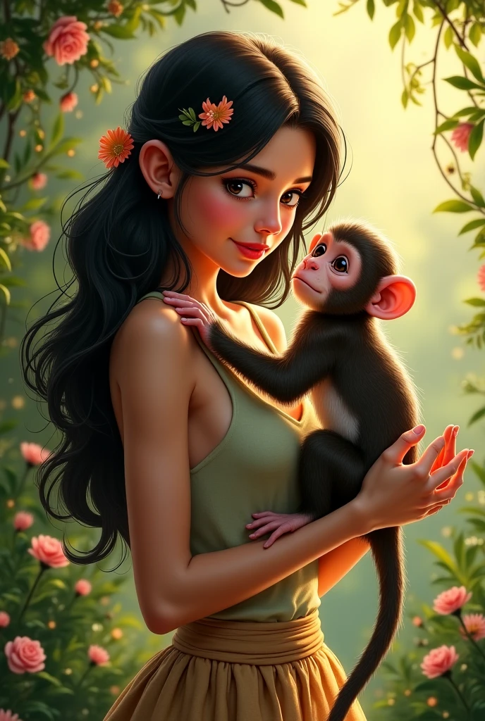 A (((tween holding a monkey and a monkey in her arms,))) Nami from one piece. Wearing micro skirt. ((And her get hugs with Lewd monkey in jungle)).(realistic arts), intricate, (monkey craves her carnally)