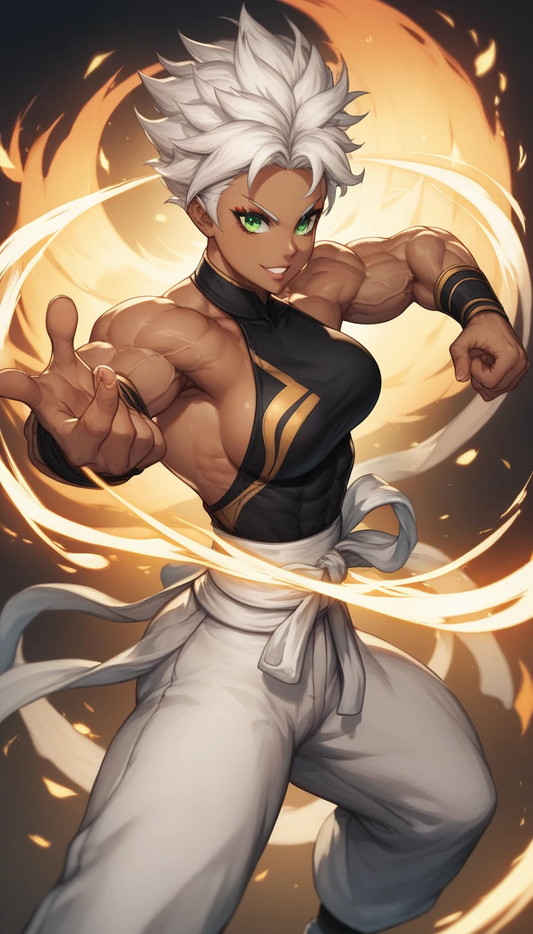 Chica de anime bleach, yoruichi, cabello morado, ojos amarillo brillante, pechos grandes, trasero grande, piel chocolate, desnuda