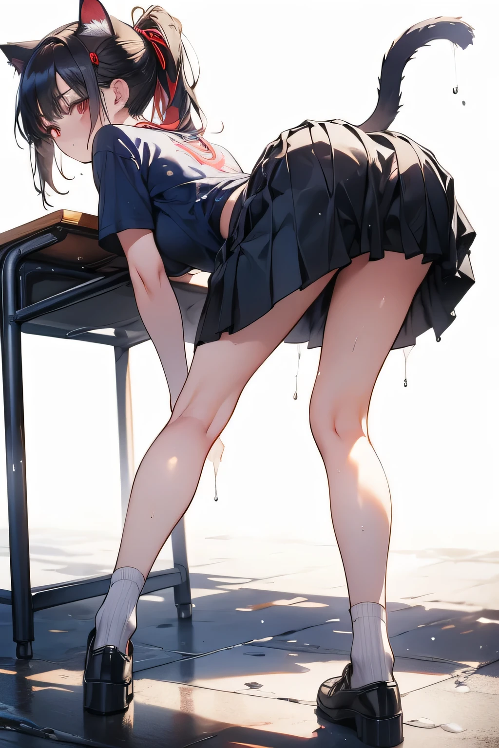Anime girl in a short skirt bending over a desk - SeaArt AI