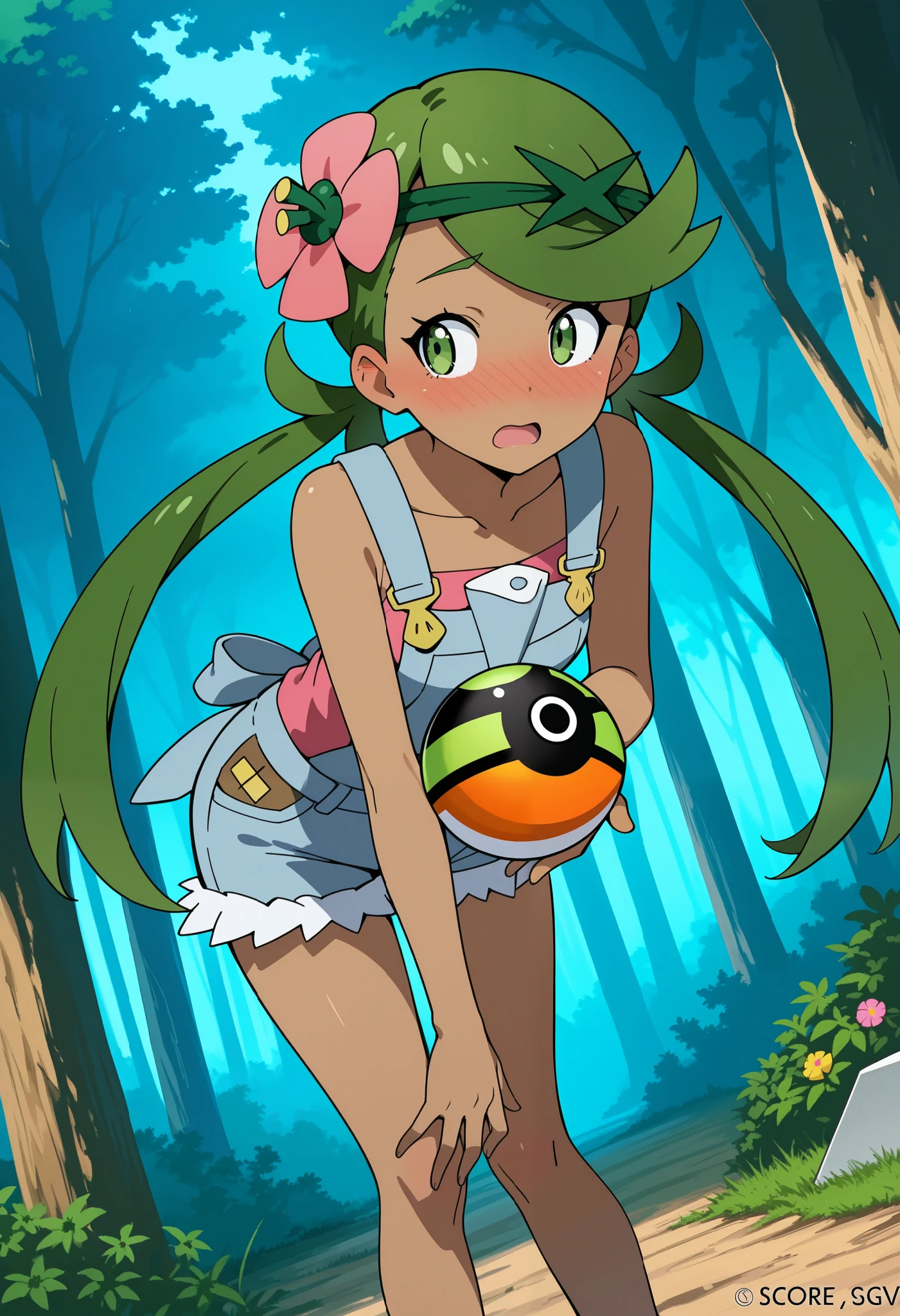 score_9, score_8_up, score_7_up, source_anime, mallow, 1girl, solo, long hair, bangs, hair ornament, twintails, green eyes, flower, green hair, hair flower, dark skin, dark-skinned female, swept bangs, mallow (pokemon),a grave face, open mouth, looking away, nose blush, blush, collarbone, sleeveless, pink shirt, denim overall, thighs,  outdoor,  forest, standing, leaning forward, outstretched arm, grabbing  monster ball, throwing monster ball.  Dutch angle. 