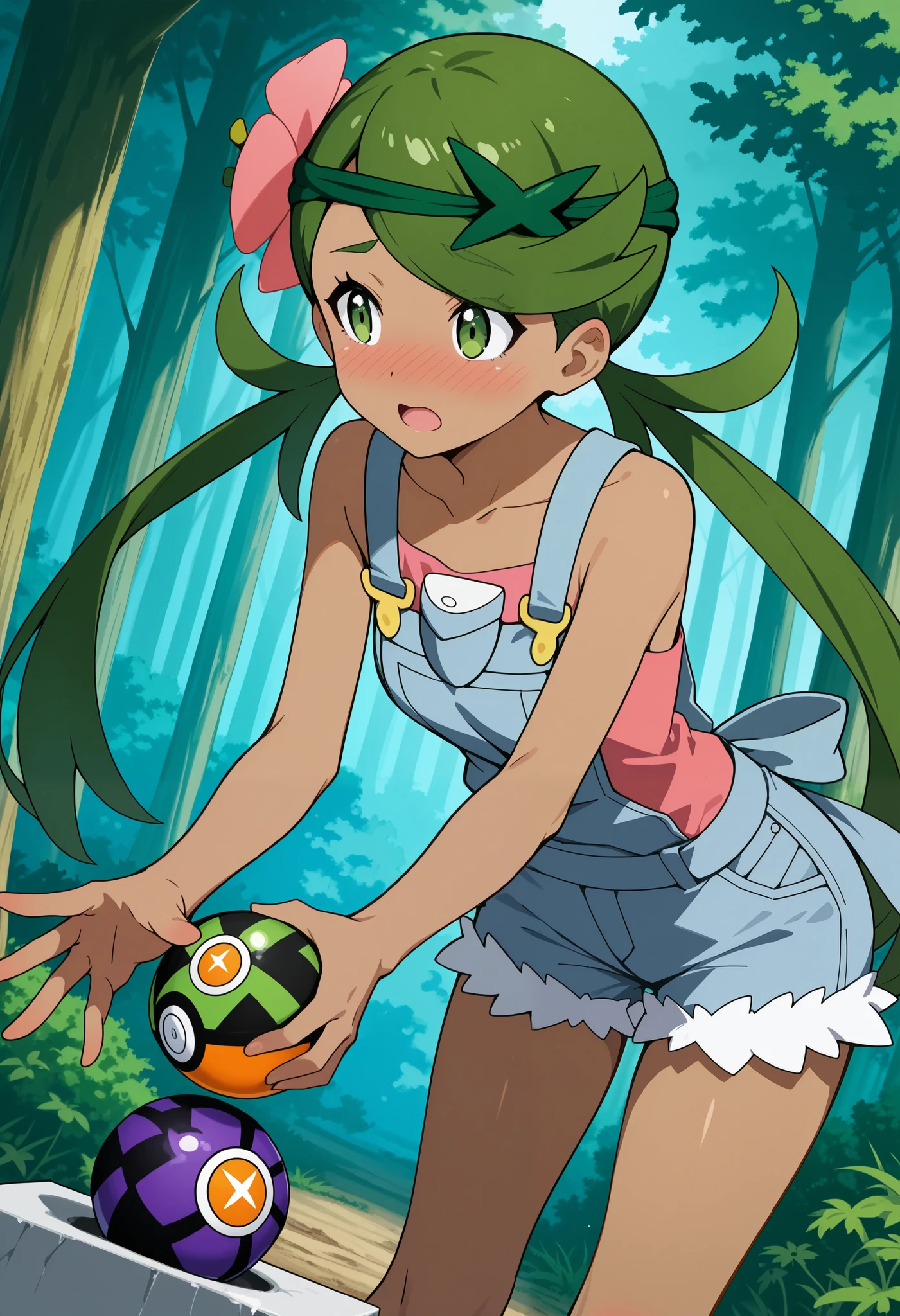 score_9, score_8_up, score_7_up, source_anime, mallow, 1girl, solo, long hair, bangs, hair ornament, twintails, green eyes, flower, green hair, hair flower, dark skin, dark-skinned female, swept bangs, mallow (pokemon),a grave face, open mouth, looking away, nose blush, blush, collarbone, sleeveless, pink shirt, denim overall, thighs, outdoor, forest, standing, leaning forward, outstretched arm, grabbing monster ball, throwing monster ball. Dutch angle.