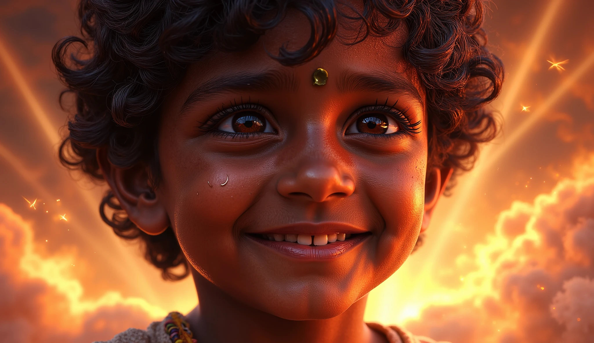 Create a  altra hd image of a Indian boy with curly hair  closeup shot background is Rever divine energy and light happy but innocent look and tears of happiness in Eyes