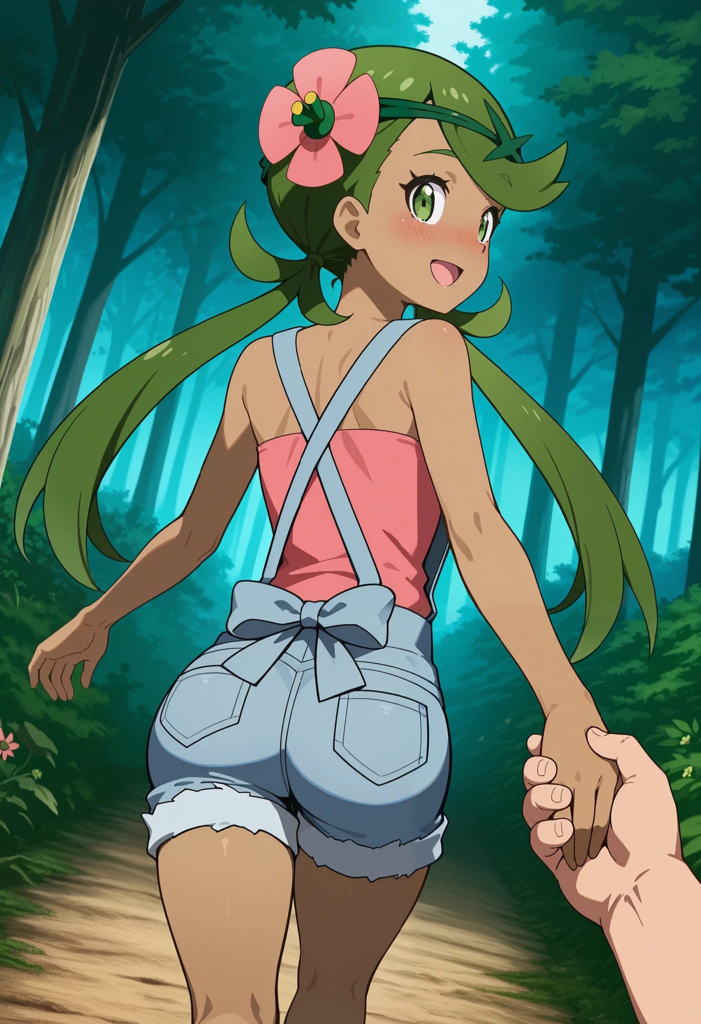 score_9, score_8_up, score_7_up, source_anime, mallow, 1girl, solo, long hair, bangs, hair ornament, twintails, green eyes, flower, green hair, hair flower, dark skin, dark-skinned female, swept bangs, mallow (pokemon),smile, open mouth, looking back, nose blush, blush, collarbone, sleeveless, pink shirt, denim overall, thighs, forest, walking, back, behind, Shows ass, hand on boy's hand, holding boy's hand, 1girl, 1boy (fat man, faceless, hand pov, hand on girl's hand), size difference, larger male. Dutch angle.