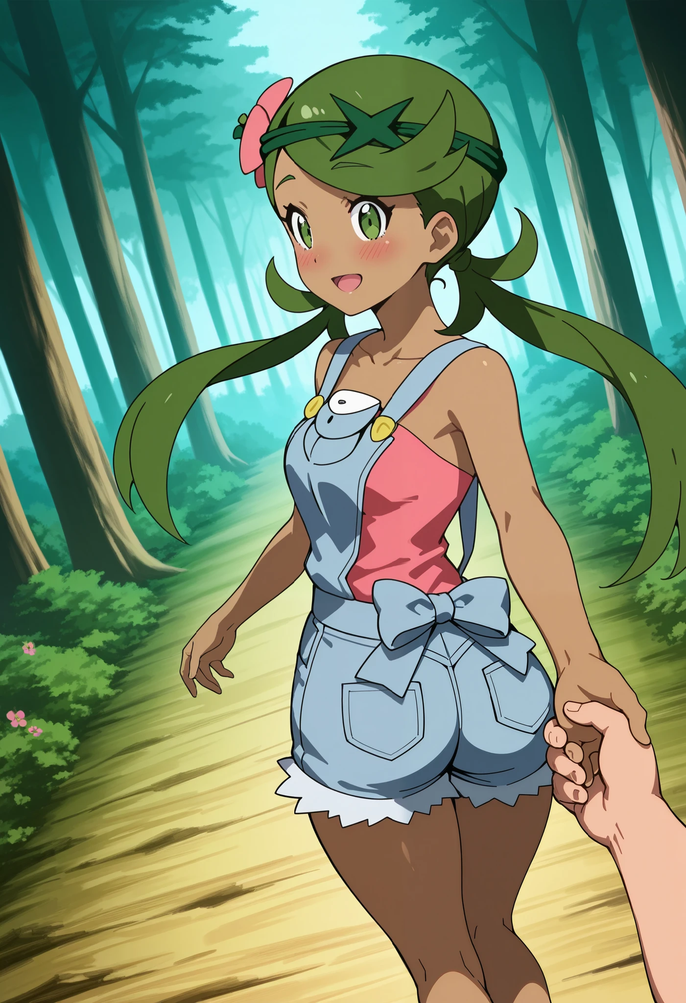 score_9, score_8_up, score_7_up, source_anime, mallow, 1girl, solo, long hair, bangs, hair ornament, twintails, green eyes, flower, green hair, hair flower, dark skin, dark-skinned female, swept bangs, mallow (pokemon),smile, open mouth, looking back, nose blush, blush, collarbone, sleeveless, pink shirt, denim overall, thighs, forest, walking, back, behind, Shows ass, hand on boy's hand, holding boy's hand, 1girl, 1boy (fat man, faceless, hand pov, hand on girl's hand), size difference, larger male. Dutch angle.