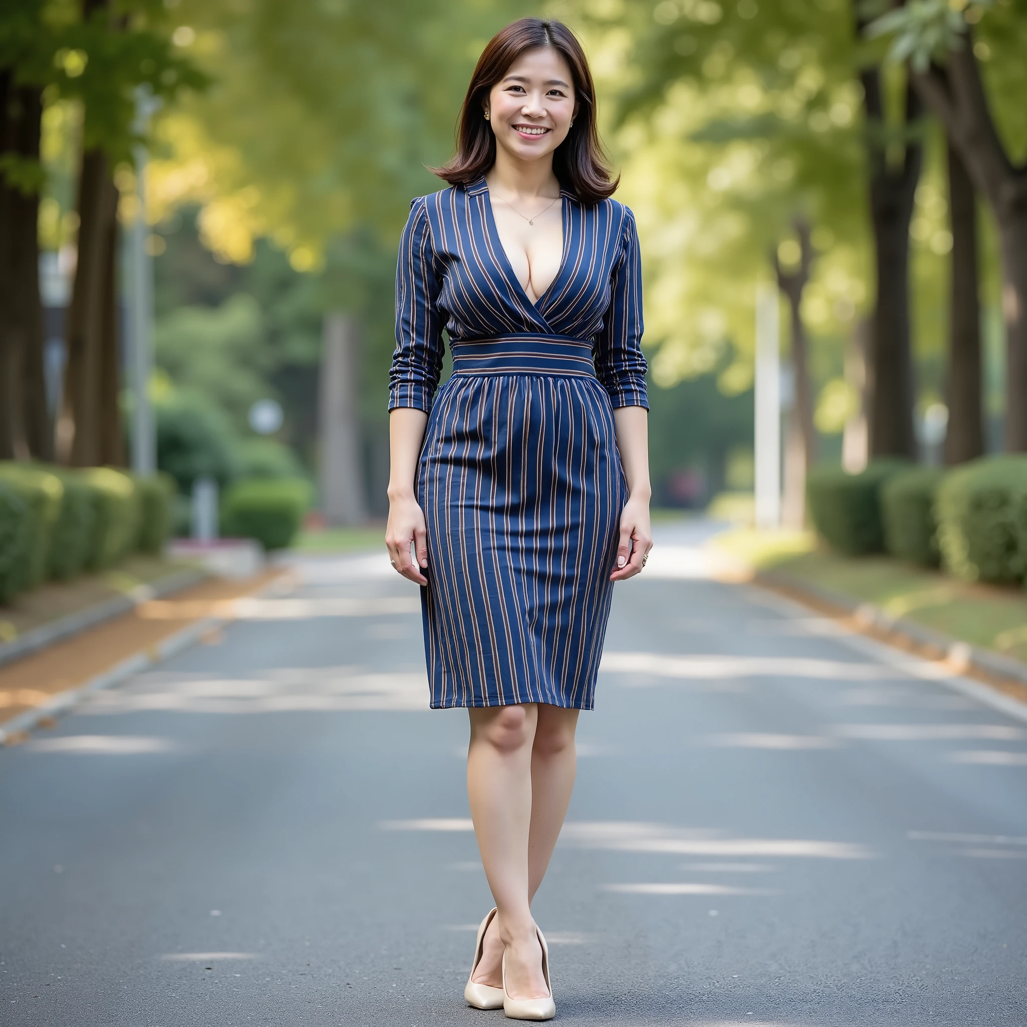 『 just for you :1.3』『 real フォト:1.3』 best quality :1.2、(( big breasts))、 with a slight cleavage 、(( young woman))、(( have red cheeks ))『smiling with teeth:1.9』、((( anatomically correct、 perfect anatomy、 anatomically correct指)))、 realistic, best quality , 超 high resolution, RAW photo, (Curvy body)、 best quality 、masterpiece、 real 、 high resolution、8K Raw Photo、One person、One girl、 medium long hair、Age 30、(blue and gold striped dress)、Attractive appearance、 full body shot、 high heels、On the road、