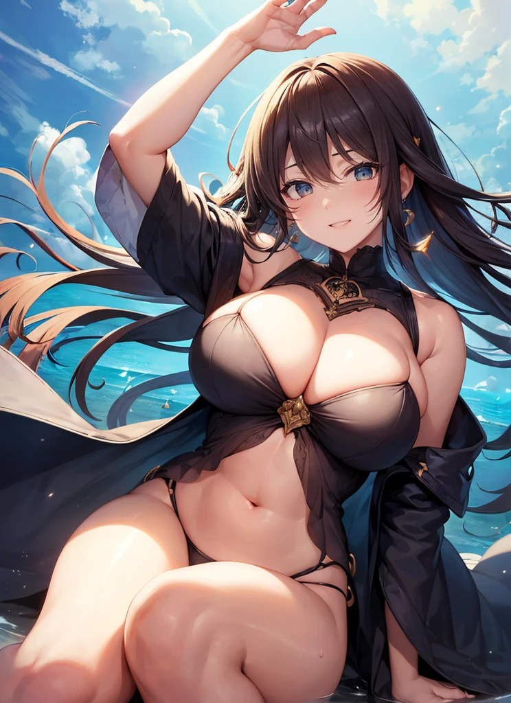 Erotic Anime Illustration、Highest image quality、Plump gal shows off her vagina on the beach、perfect proportions、Overwhelmingly large breasts、thick legs with fat、big areola、Beautiful shining eyes、cowboy shot、get into heat、smile、shaved pussy、exposing nipples、Detailed depiction of the vagina、spread legs、intense sweating