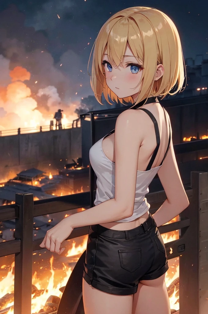 during night、Explosions and flames at an airbase、fence、Building exploding in flames、Show your ass and turn around、cute blonde girl、cute  face、elegant sleek smooth body、full body Esbian、Short bob hair、a blond、blue eye rack tank top、sexy black shorts、Wearing black shorts、 cleavage in years