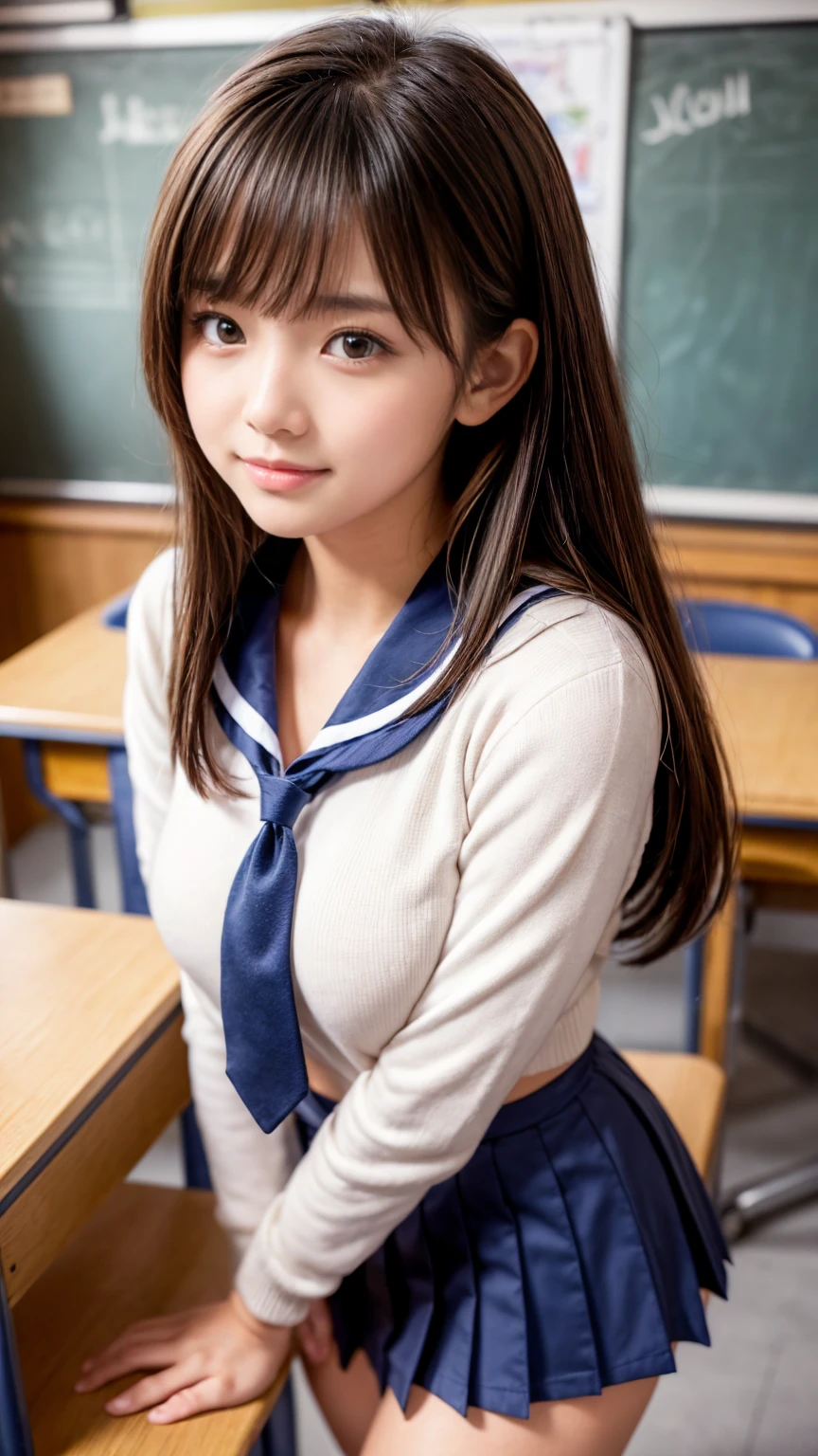 (Highest quality, 8K, 32k, masterpiece, 超High resolution:1.2), (RAW Photos), (Realistic), (photoRealistic:1.2), (High resolution), Large file size, Super detailed, Very beautiful face & eye, One girl, Japanese elementary school students,14, 13 years old, 12 years old, Round and small face, Baby Face, Narrow waist, Large Breasts, Slim figure, Thin thighs, (Dark blue pleated mini skirt, Japanese sailors, sailor fuku, Seraphim, Japanese school sailor uniform), Nice hands, Perfect hands, Accurate hand drawing, 完璧な親refer to & refer to, Sweaty, A shy smile, Pure white teeth, From below, Japanese Classroom,