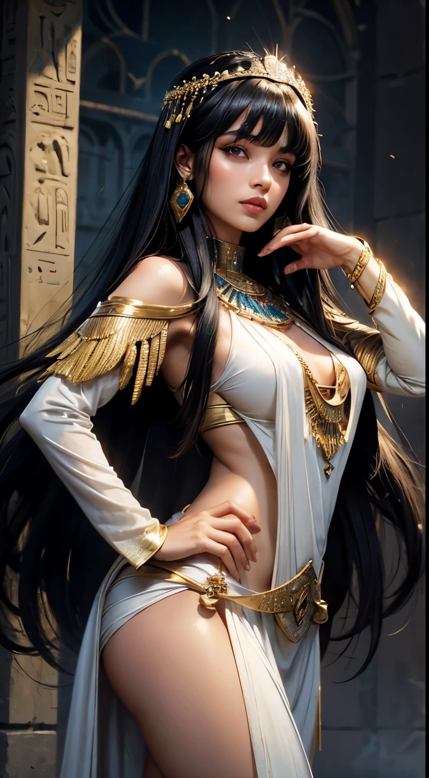 Adult woman, navy blue hair, The ends of gray hair, hairlong, beautiful hairstyle, hair ornament, white eyes, Chinese Clothing, Ornaments, Rings, Heels, Ancient Chinese themes, looking a viewer, Happy smile, overhead view, Lies on the money, gold coins, A mountain of money, Fantasy art, Beautiful painting of characters, Works of art in the style of Guvaika, epic exquisite character art, stunning character art, Beautiful rich Woman, perspective, really happy, closed eye, overhead view(reference sheet:1.5)anime, flat vector art, {stunning male Egyptian angel}, Luminous Studio graphics engine, goth Renaissance, long black hair with gold streaks, ethereal gold irises, tan skin, perfect and detailed angular sharp diamond shaped human face, Gold, Ray tracing, full lips, {defined eyebrows}, crystals, glitter, desert detailed background, white uniform, sharp focus, perfect anatomy, extremely detailed illustration, approaching perfection, dynamic, intricate details, ultra high definition, 8k resolution, glamour, glimmer, ethereal, {art by Ayami Kojima}, {art by Heise}, artstation, aesthetic, gothic, Lace, concept art, smooth, dreamy, backlit, fantastical, shadows, smooth, illustration, androgynous