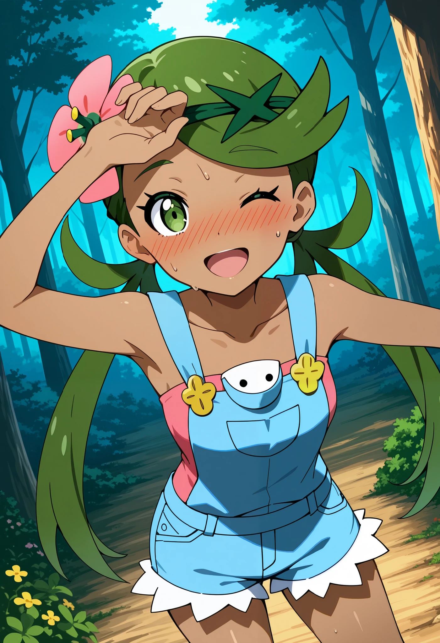 score_9, score_8_up, score_7_up, source_anime, mallow, 1girl, solo, long hair, bangs, hair ornament, twintails, green eye, closed eye, wink , flower, green hair, hair flower, dark skin, dark-skinned female, swept bangs, mallow (pokemon), smile, open mouth, looking at viewer, nose blush, blush, collarbone, sleeveless, pink shirt, denim overall, thighs, outdoor, forest, standing, upper body, sweat, hand on own Forehead. Dutch angle.