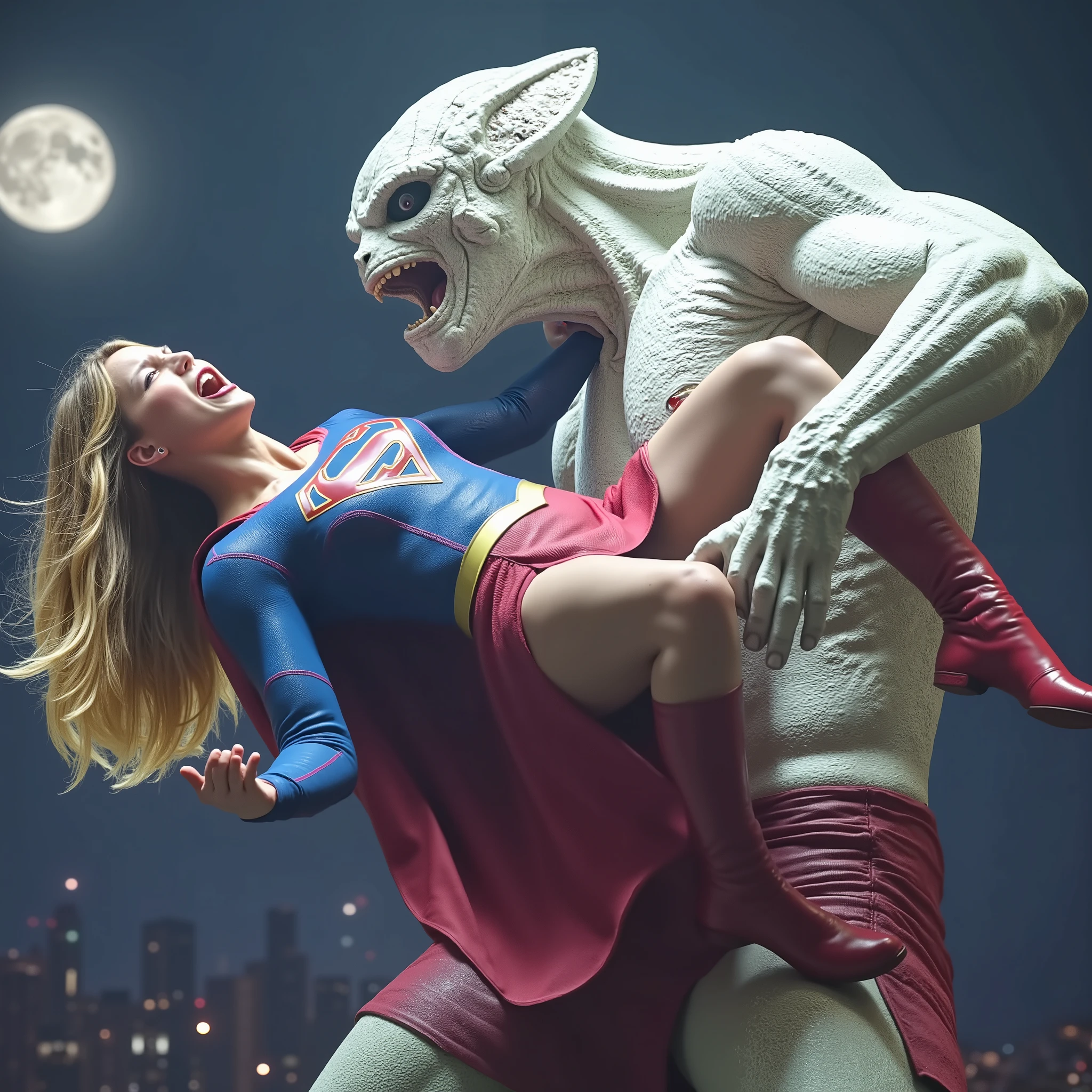 Supergirl is fighting with a huge alien monster, very bright white skin, can see whole body, She is wearing a thin black pantyhose, short red leather fabric skirt, red knee height long boots, blonde hair, lighting green collar on her neck, She is screaming in pain, seriously injured, painful, a huge body fierce Alien Monster carry Supergirl body, photorealistic, hyper realistic, night time on the Mar with moon lighting,