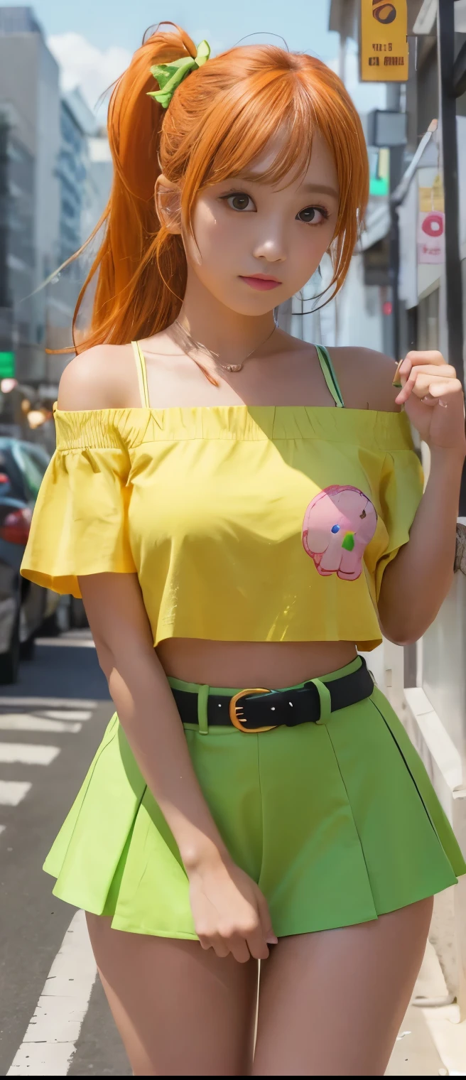 pure idol girl、A pure girl's face、Tanned Thick Legs 、fluorescent green tight miniskirt、Orange Punk Shirt ( off shoulder)、happy belt