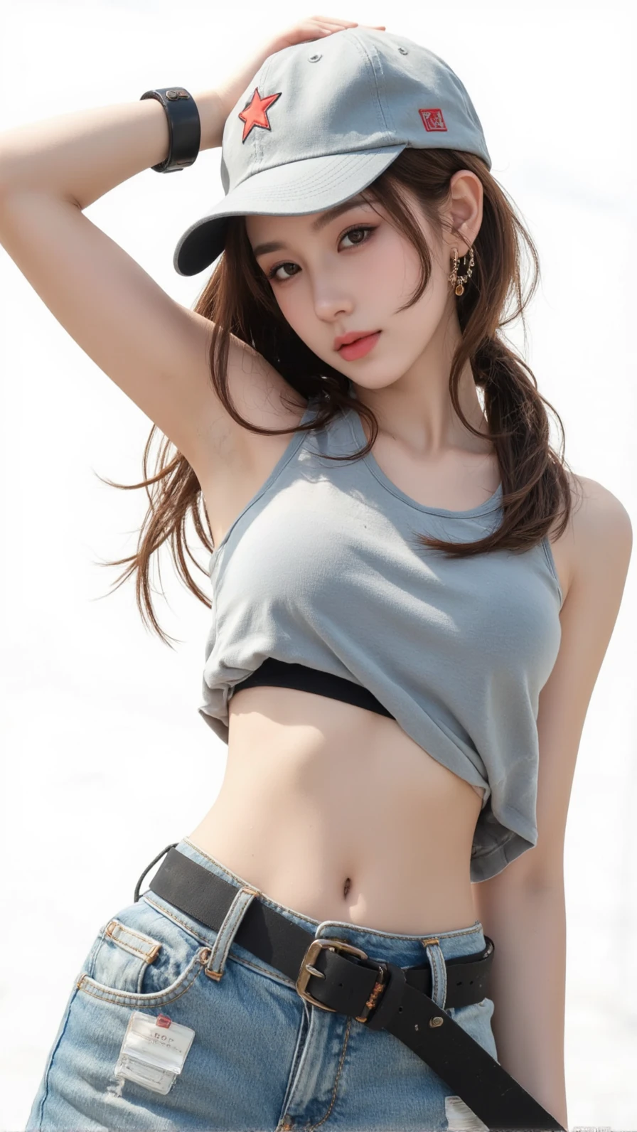Maximum resolution, beste-Qualit, View Full, A Beautiful Girl, long-haired, very long hair, Good looking, gorgeous face, red lip, beautidul eyes, proportional body, increase big breasts, Increase beautiful breasts, increase breast size, Add breast augmentation, slim, flat abdomen, small waist, Small thighs, elongated legs, denim skirt, short skirt, t-shirt, Tank Top, close-fitting, emphasis on breasts, belt, Red high heels, stand, On stage, stands out, viewer look