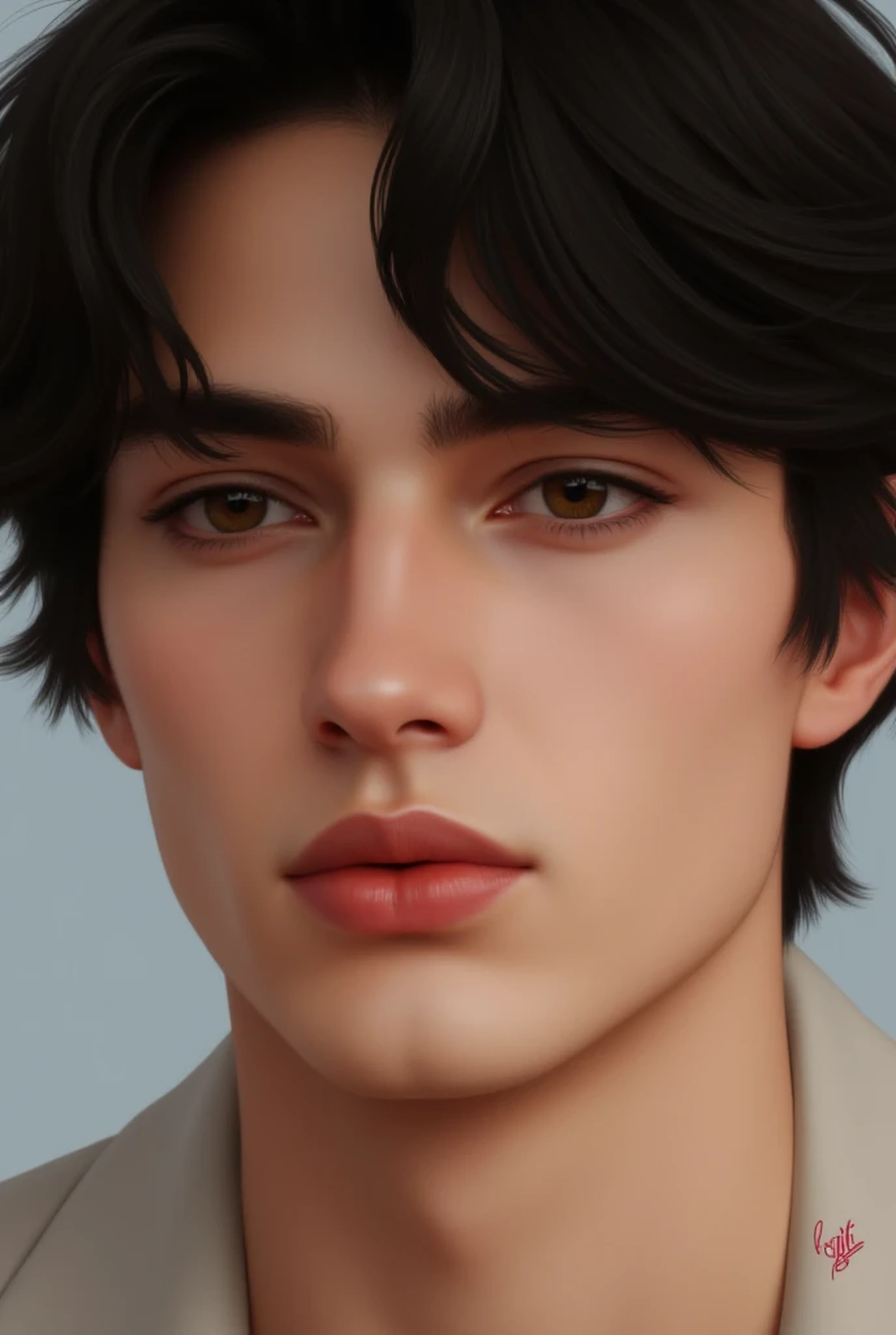 A realistic 20-year-old boy, loosely stretched eyes and charming little dark browns, black hair with smooth and soft bangs , very clear skin, reddish lips