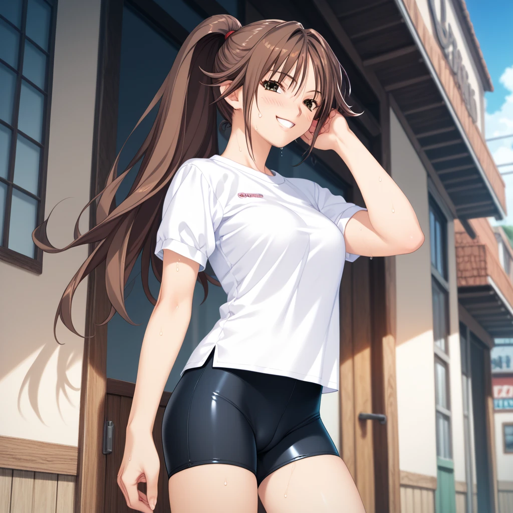 (ChocolateWetStyle:1.3), buruma, brown buruma, (Short sleeve gym uniform), School, Ground, One girl, smile, Twin tails, (Arms at your sides), Are standing, No background, Cowboy Shot, ((Highest quality)), ((masterpiece)), (detailed), Perfect Face, Perfect Arms, Perfect hands, Perfect Fingers, anime, Ultra-fine illustration,