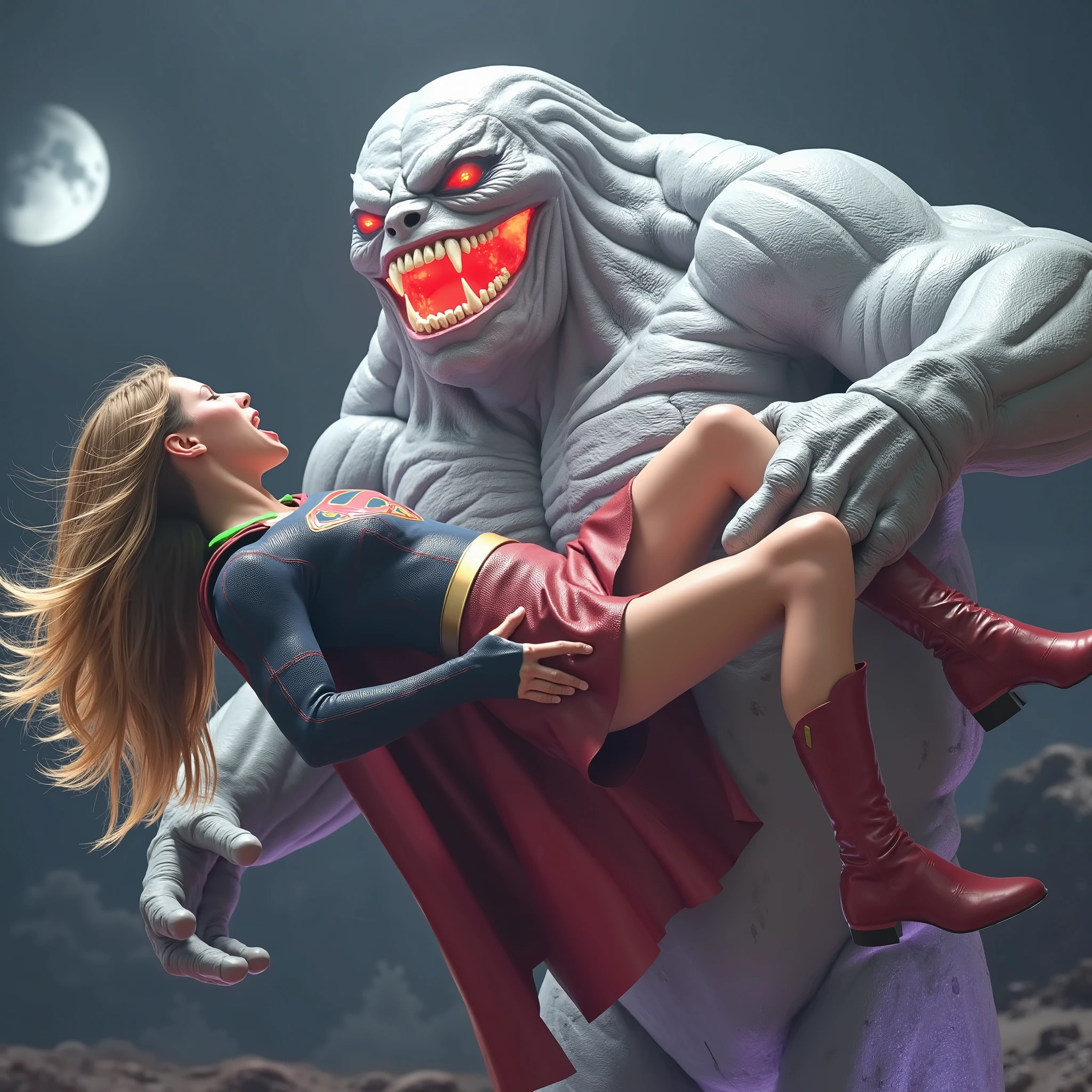 Supergirl is fighting with a huge alien monster, very bright white skin, can see whole body, She is wearing a thin black pantyhose, short red leather fabric skirt, red knee height long boots, blonde hair, lighting green collar on her neck, She is screaming in pain, seriously injured, painful, a huge body fierce Alien Monster carry Supergirl body, photorealistic, hyper realistic, night time on the Mar with moon lighting,