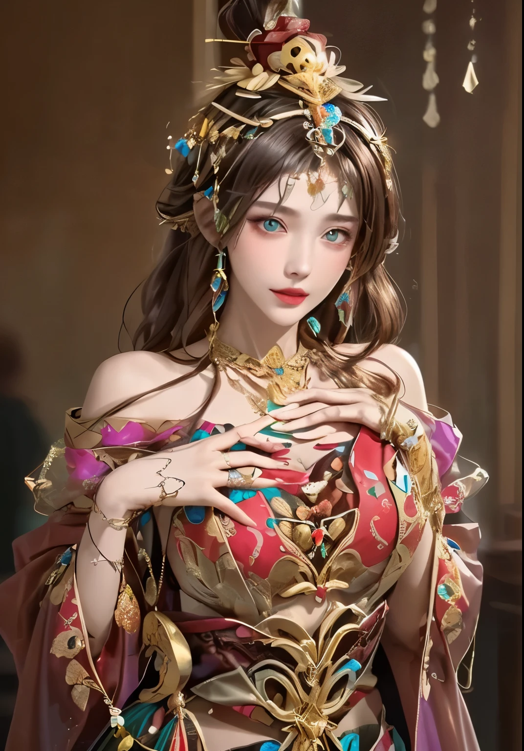 beautiful woman , beautiful face , medium breasts , of the chest bone, colorful gold ornament on the head,