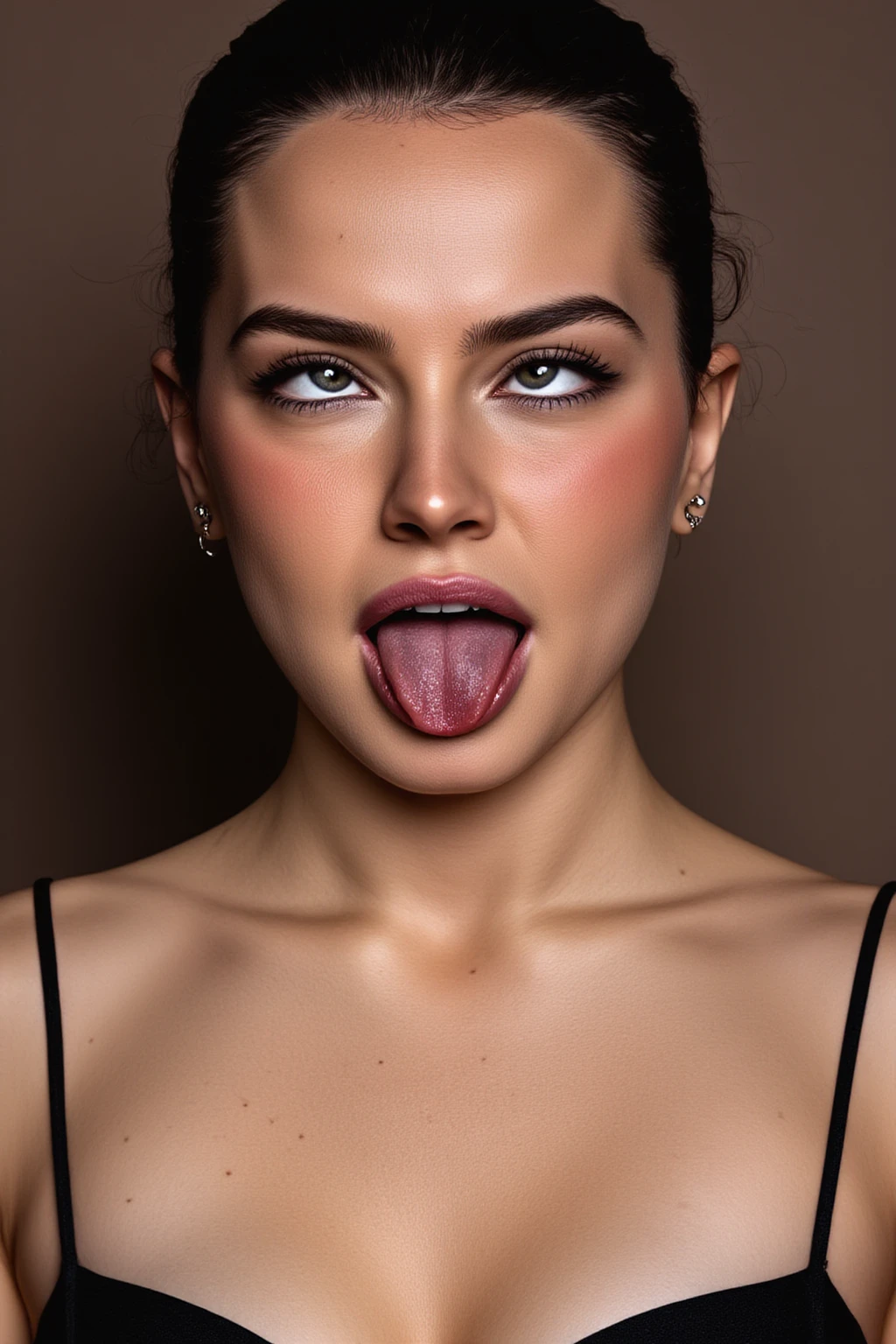 ,1 girl、Taylor Hill、1 girl、超High resolution, retina, Accurate, masterpiece, Anatomically correct, Super Detail, Textured skin, Attention to detail, high quality, High resolution, 8k、、Big double eyes、nose、The focus is on the mouth、close-up focus on face、Woman with open mouth and closed eyes、18-year-old、Black Hair、tongue out, tongue, traces of saliva, Drooling, Ahegao, long tongue, Verbal invitation, Pulling the hair back, Gray background,Half Backlight,Pilot uniform,