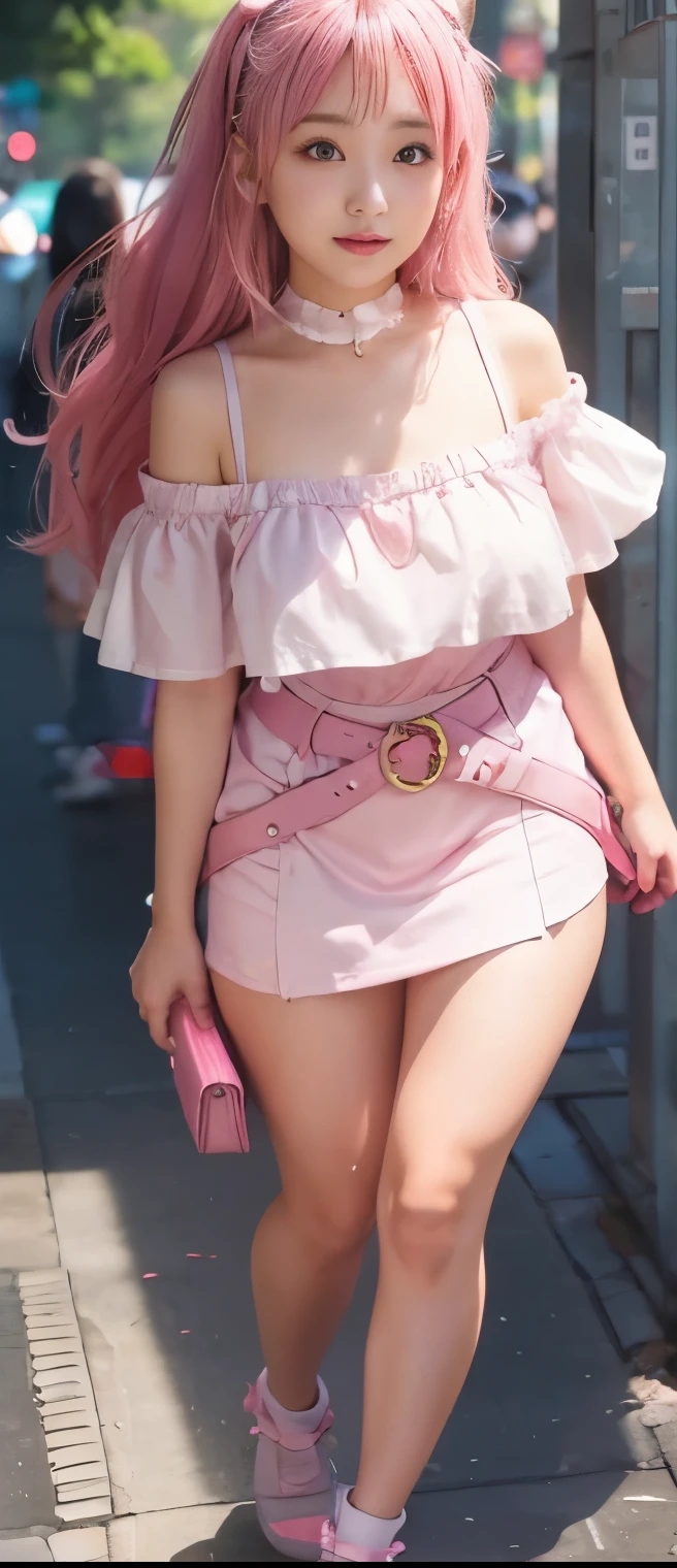 (masterpiece), (((highest quality)), (super detailed), 1 girl, (iridescent hair, colorful hair, half blue and half pink hair, Long Hime Cut Hairstyle: 1.2), 17 years old, (japanese school girl uniform: 1.2), outdoor, bangs, smile, sky blue eyes, perfect hands, perfect hands, hand details, corrected fingers. Earrings, Night Store + Background, looking_at_viewer, Cowboy Shot, Top Quality, Rich Detail, Perfect Image Quality, gigantic breast, full body