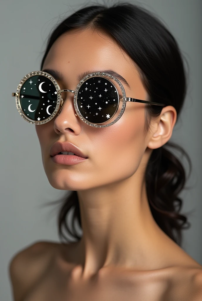 The model is wearing glass sunglasses with stars and the moon on the glass sexsi