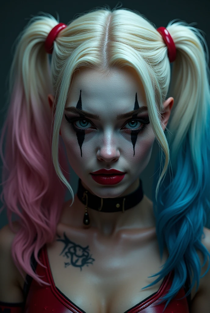 An illustrated movie poster of Margot Robbie dressed as Harley Quinn, f /2.8, cinematic, high quality, skin texture, looking at the camera hard shadows, graphite shading, stencil marks, airbrushed acrylic paint, masterpiece