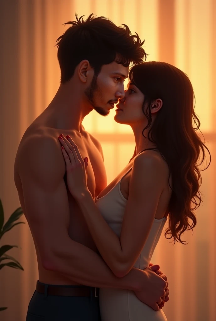 Young boy shirtless kissing a sexy woman wearing a saree near a windowsill, natural light beaming through window, passionate love-making, making out, intensely intimate