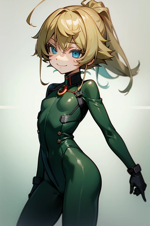 girl, solo, looking at viewer, smile, short hair, blonde hair, shirt, red eyes, white background,body suit,full body
