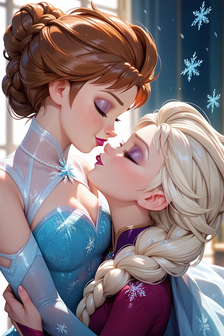 Elsa ( frozen), AND , anna ( frozen),Kissing each other ultra detailed image 