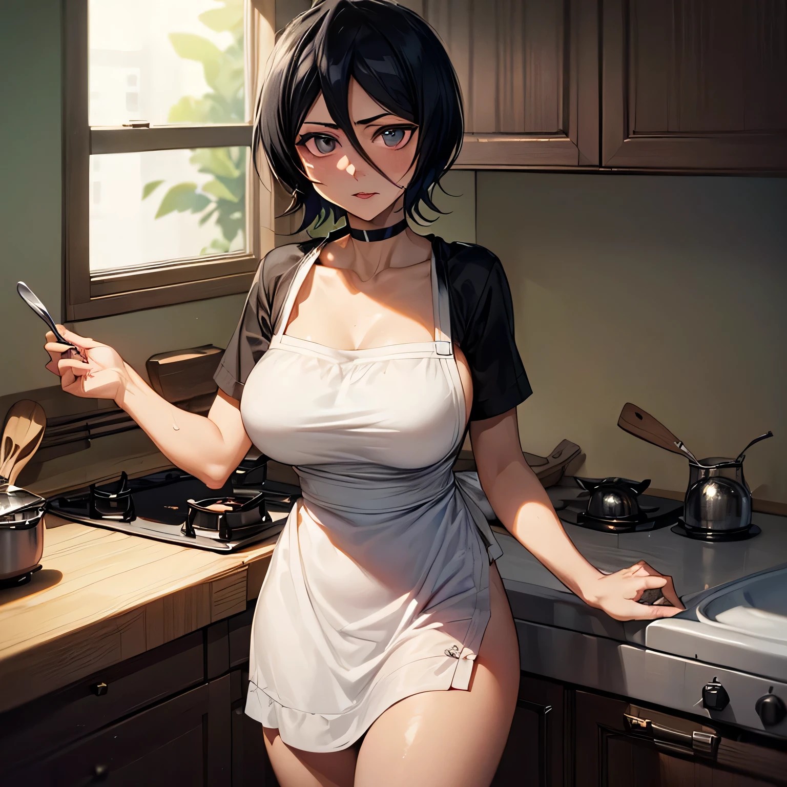 best quality,ultra-detailed,high resolution,extremely detailed CG,perfect anatomy,detailed,cinematic lighting,beautiful detailed eyes,ultra high res,(1woman:1.5),(35years old:1.4),gleaming skin,oil skin,skindantation,sweat,humid,clothed,sweat,Glowing Skin,Beautiful Hair,( Kuchiki Rukia :1.3),gigantic breasts,(To flatter:1.9),( Slutty Girl :1.4),( seduces:1.9),( choker:1.5),looking at viewer,throw,(bed:1.3),(milf:1.6),( kitchen apron :1.6),(Invitation:1.6)