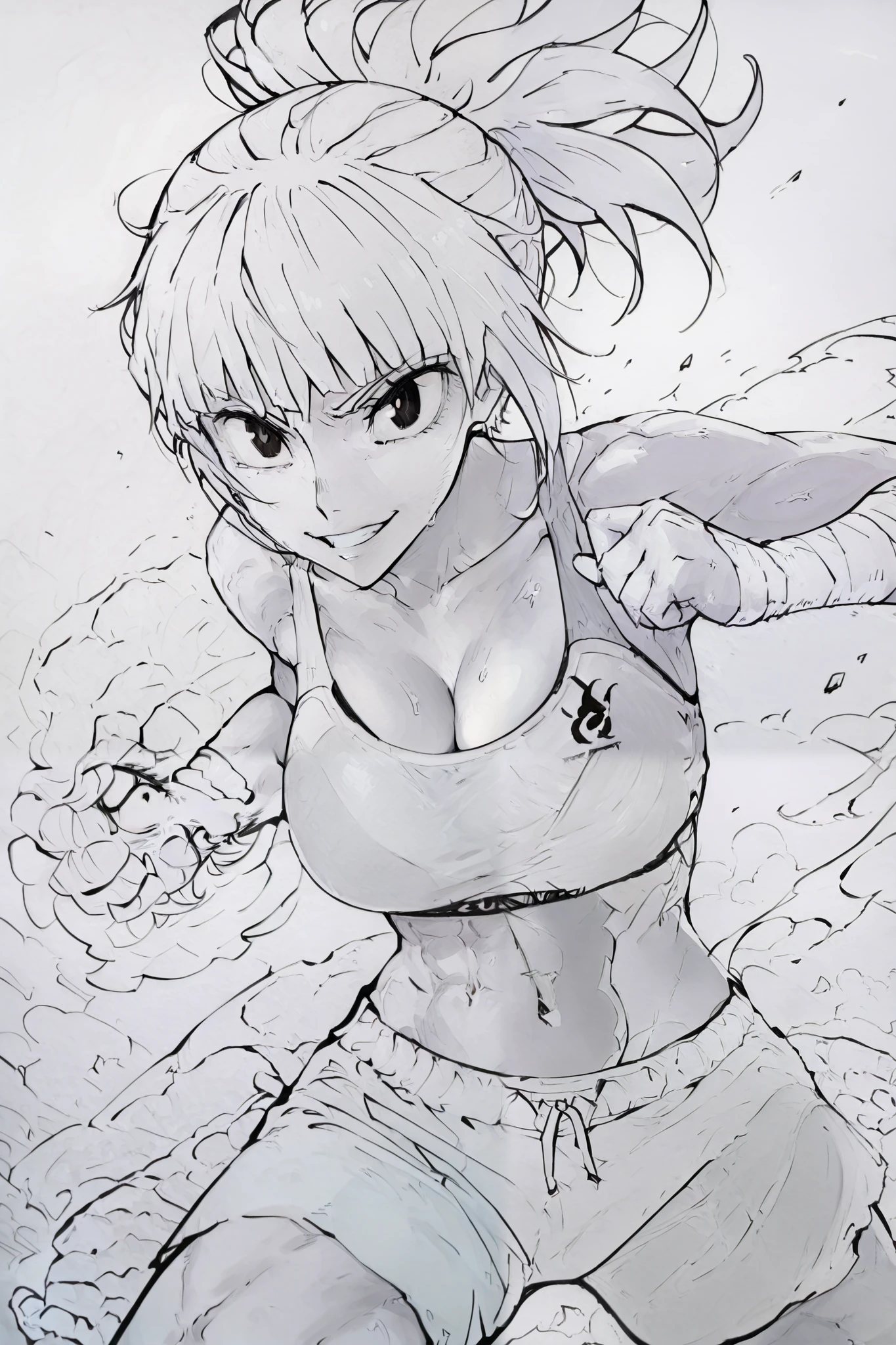 score_9, score_8_up, score_7_up, score_6_up, score_5_up, score_4_up,
BREAK
masterpiece: 1.0), best quality, perfect anatomy, perfect composition, perfection, 4k resolution, absurdres, very aesthetic, professional artwork, absolutely beautiful,
BREAK
1girl, fit, slim, athletic, light colored hair, blunt bangs, big breasts, defined abs, defined muscles, black eyes, big eyes, ponytail hairstyle, wide smile, lineart, line art, monochrome, greyscale
BREAK
Sports bra, sports shorts, arm wraps, foreshortening, dynamic pose,