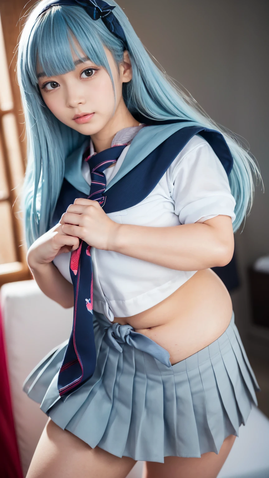 15-year-old female, Gal Makeup、Bust is 92cm, Anime-style light blue hair, Waist-length hair, Raped and crying、The penis is inserted into the vagina, On the mat in the gymnasium warehouse, Sleeping on your back, She is wearing a torn anime-style sailor uniform., The skirt is flipped up、Realistic shaved pussy、A man's cum-covered face、Full body image、Her clothes were rolled up、I can see her 、Giving a blowjob、High resolution