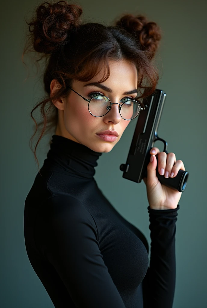 arafed woman in glasses holding a gun and posing for a picture, female spy, gordon freeman as a woman, upper body shot, better known as amouranth, half body shot, glamorous jill valentine, close body shot, cleavage, with glasses, big breasts!, amouranth, amouranth as a super villain, young beautiful amouranth, nerdy appearance