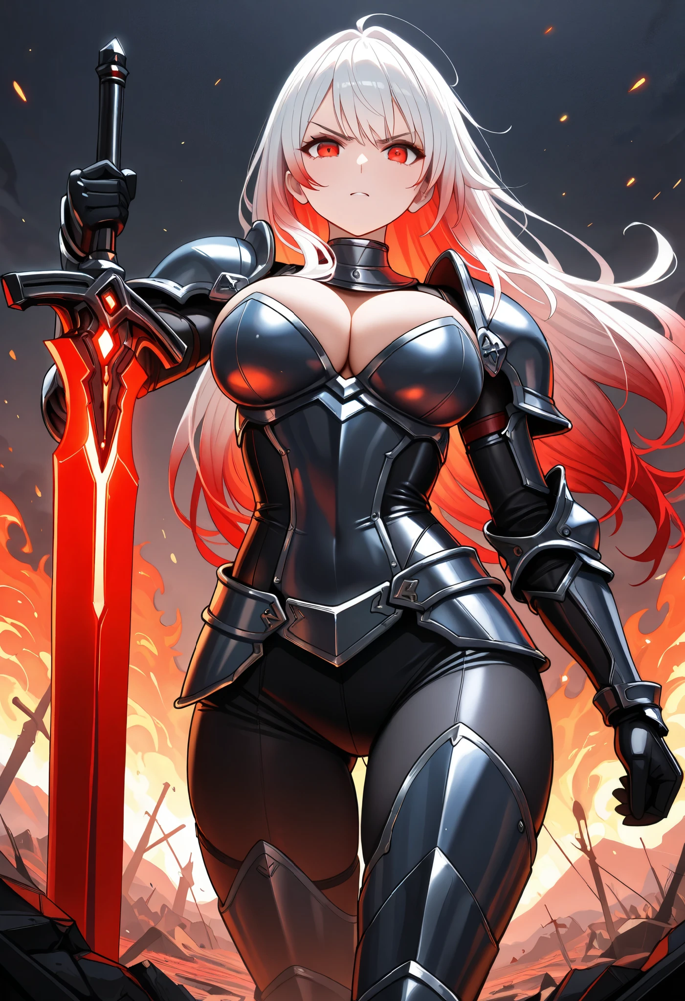 (masterpiece, best quality, higres, absurd quality, original, newest), cowboy shot, slightly low angle, BREAK, (1girl, perfect body, perfect anatomy), ((gradient hair color+white hair:1.4+red hair:1.2), long hair), (red eyes, perfect eyes), big breasts, cleavage, slender body, sexy knight armor, holding a broadsword, covered in fire, red atmosphere, fire, broadsword glowing in red, angry face, adrenaline rush, taking a breath, exhausted, in a battlefield,
