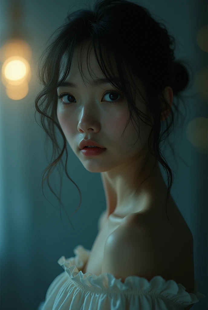 Best quality, masterpiece, ultra high res, (photorealistic:1.4), raw photo, 1girl, offshoulder, in the dark, deep shadow, low key, cold light, chiaroscuro