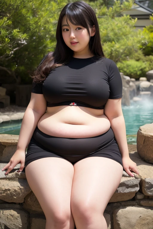 1 girl, morbidly obese seductive Spanish woman, red lips, long hair, (bikini) , (double chin), overweight, (big bloated belly), big breasts, make-up, (panting), dark forest, (scared)