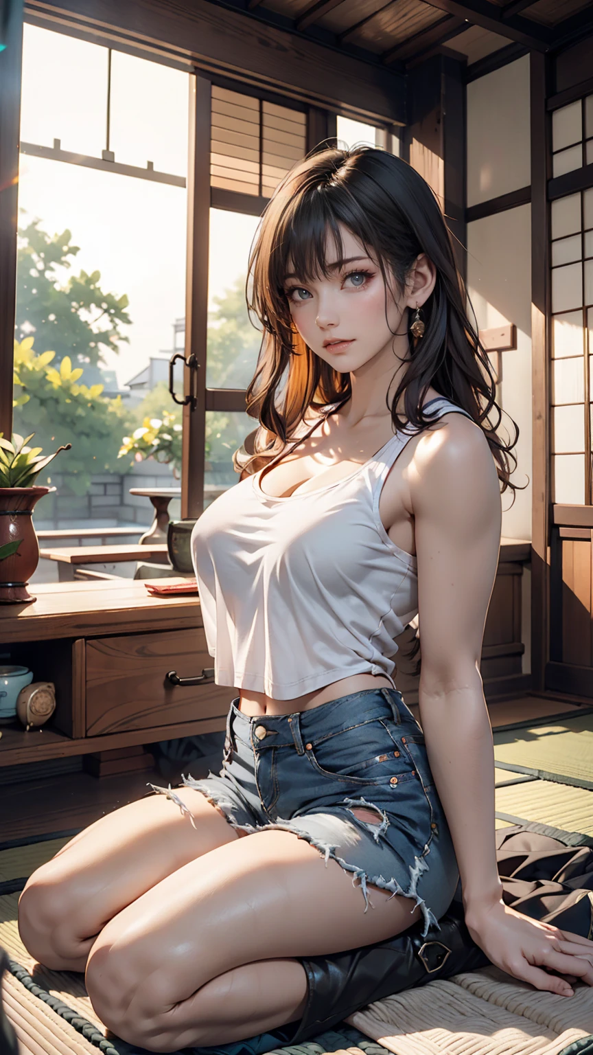 (highest quality, Very detailed, Photorealistic:1.(((Drunk))),Cute and sexy teenager, brown hair,Small breasts, White sleeveless shirt,wearing denim shorts, Belted,(watch,G-SHOCK), Moderate:Pencil sketch, Grainy, Vibrant colors, Soft lighting, Outdoor Scene, Warm Tones,Wooden wall